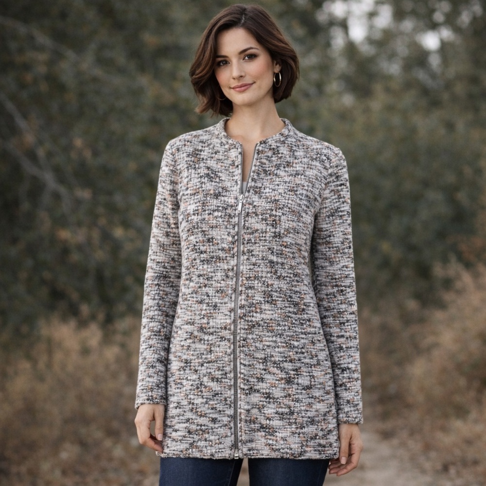ANTHROPOLOGIE SCANDI MINIMALIST TWEED LONGLINE ZIPPER CARDIGAN POCKETS SMALL EUC